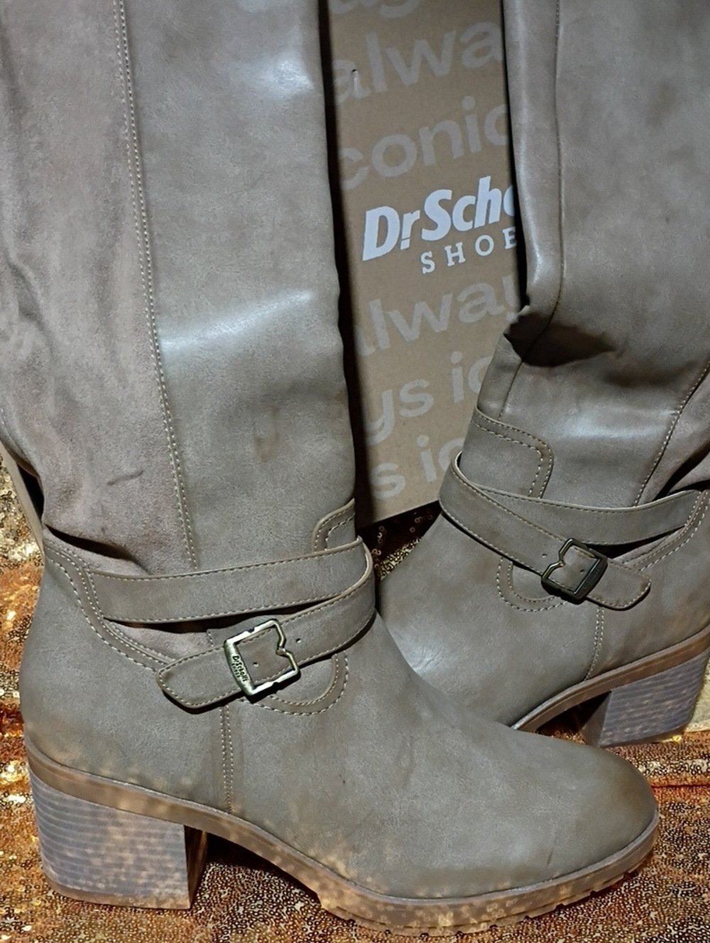 Dr. Scholl's Taupe Mid-Calf Buckle Heeled Boots